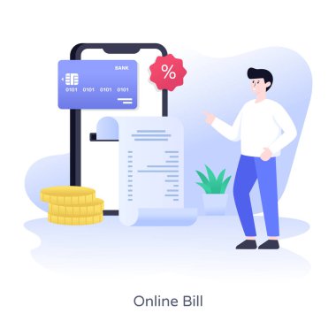 İnternet alışveriş konsepti. Kredi kartı ve akıllı telefonu olan bir adamın vektör çizimi.