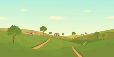 vektör illüstrasyonu, yeşil tepelerin manzarası, evler ve ağaçlar