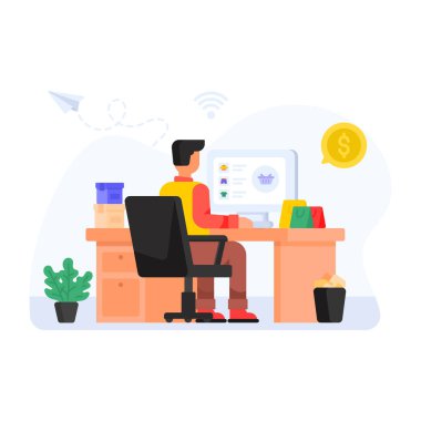 Bilgisayarla çalışan iş adamı, çevrimiçi alışveriş illüstrasyonu