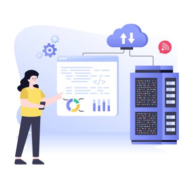veri merkezi konsepti. Akıllı telefon ve programlama sistemine sahip bir programcı. iş illüstrasyonu.