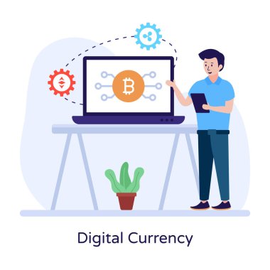 Dijital Para Birimi karikatürü, vektör illüstrasyonu