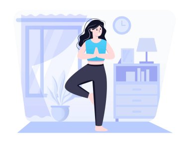 Oturma odasındaki vektör çiziminde yoga minderi olan kadın.