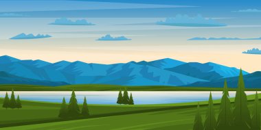 Dağları ve gölü olan resimsel dağlık arazi, vektör illüstrasyonu