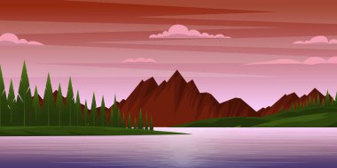 günbatımı manzarası dağlar, göl ve ormanla