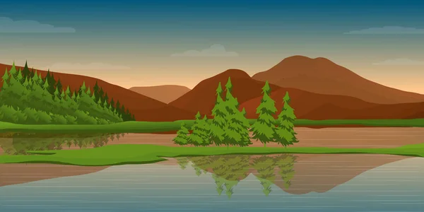 Hermoso Paisaje Lago Montañas Bosque Verde Cielo Ilustración Vectores — Vector de stock