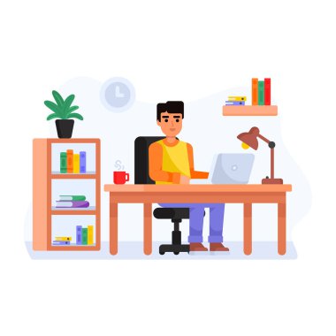 Adam dizüstü bilgisayarla çalışıyor.