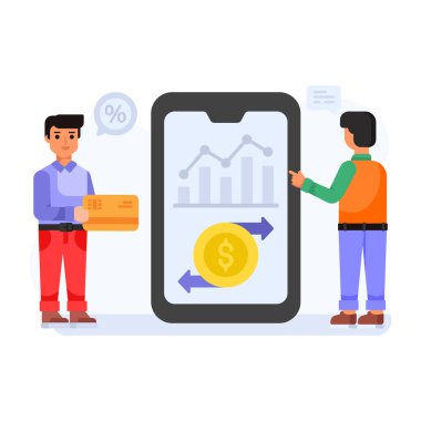 Para simgesi ve finansal büyüme grafiği olan akıllı telefon, vektör illüstrasyonu, bankacılık uygulaması