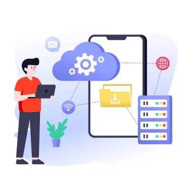 Dizüstü bilgisayarı ve bulutu olan adam, vektör çizimi, bulut servisi