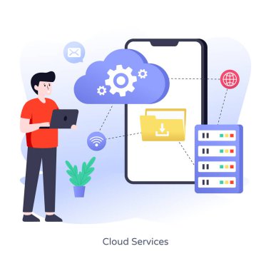 Dizüstü bilgisayarı ve bulutu olan adam, vektör çizimi, bulut servisi