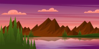 Dağları ve gölü olan güzel bir manzara, vektör çizimi
