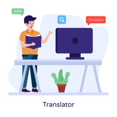 Genç adam dizüstü bilgisayarla çalışıyor, vektör illüstrasyonu