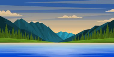 Dağları ve gölü olan resimsel dağlık arazi, vektör illüstrasyonu