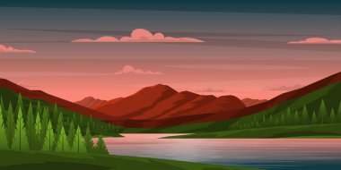 Dağları ve gölü olan güzel bir manzara, vektör çizimi