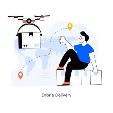Teslimat hizmeti kavramı. Akıllı telefonu ve uçağı olan bir adam. vektör illüstrasyonu.