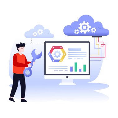 Dizüstü bilgisayarı ve büyüteci olan bir adamın vektör çizimi