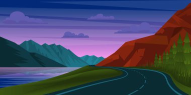 Dağ yolu ve alp gölüyle gün batımı manzarası