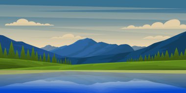 Dağları ve gölü olan resimsel dağlık arazi, vektör illüstrasyonu