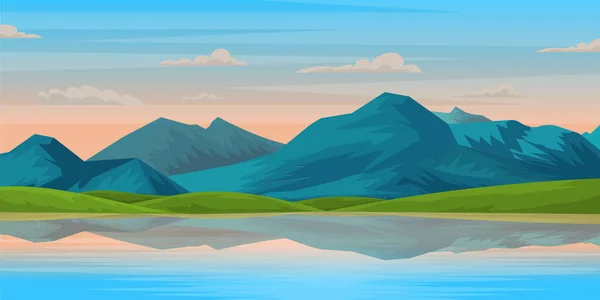 Ilustração Vetorial Uma Bela Paisagem Com Montanhas Lago Nuvens — Vetor de Stock