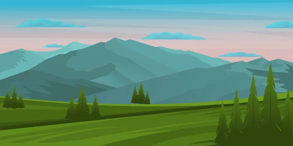 Paisaje Alpino Con Montañas Bosque — Vector de stock