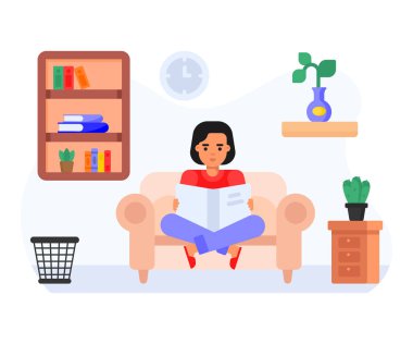 Kanepe vektör çiziminde oturan kitap okuyan genç bir kadın.