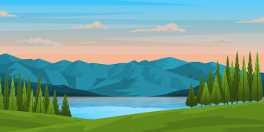 Dağlarla, nehirlerle ve ormanlarla gün batımı manzarası