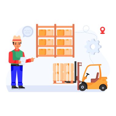 Forklift ve kutular depoda. vektör illüstrasyonu