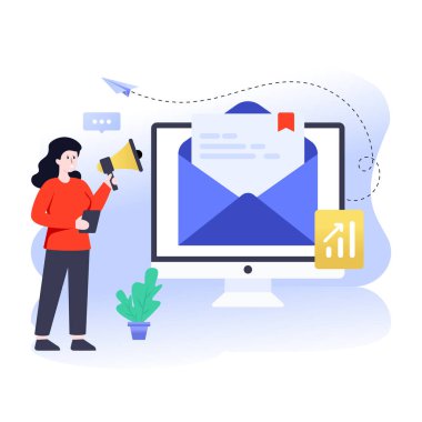 Akıllı telefon ve megafonla çevrimiçi alışveriş kavramı, vektör illüstrasyonu