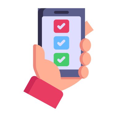 İşaretli akıllı telefon. Web için cep telefonu vektör simgesini tutan elin düz çizimi