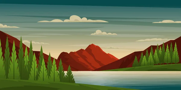 Schöne Landschaft Mit See Den Bergen Vektorillustration — Stockvektor
