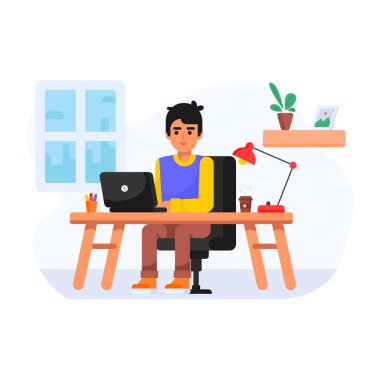 Dizüstü bilgisayarda çalışan genç bir adam. vektör illüstrasyonu