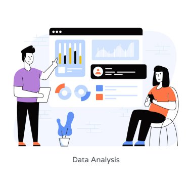 Bilgisayarla çalışan iş adamları. Veri analizi vektör illüstrasyonu