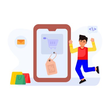 Alışveriş çantalı adam ve online vektör illüstrasyonlu akıllı telefon.