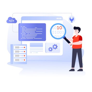 Seo ve kodlama vektör simgelerinin düz tasarım illüstrasyonuyla arama motoru optimizasyonu kavramı