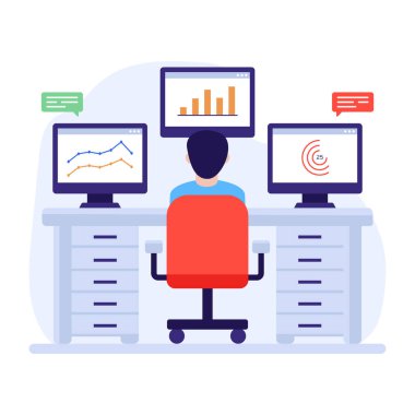 Bilgisayar ve dizüstü bilgisayar vektör illüstrasyon tasarımı ile çalışan iş adamları