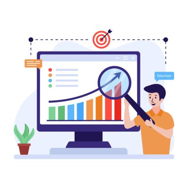 Dizüstü bilgisayar ve istatistik vektör illüstrasyonuyla çalışan iş adamları