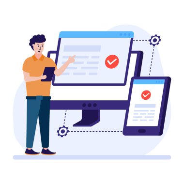 Akıllı telefonu ve dizüstü bilgisayarı olan adam vektör çizimi tasarımı
