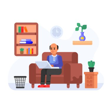 Genç adam dizüstü bilgisayarı ve kahve fincanı çizimi olan bir sandalyede oturuyor.