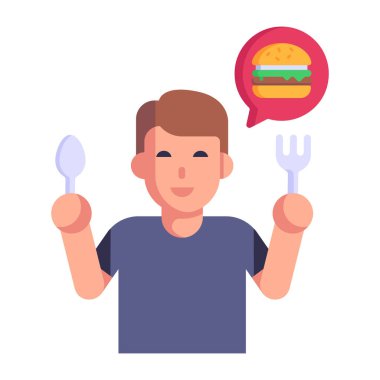 Hamburger ve akıllı telefon vektör illüstrasyon tasarımlı adam