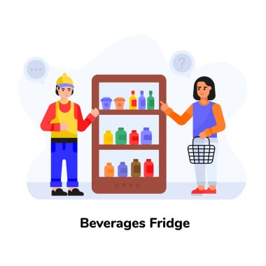 Elinde alışveriş sepeti olan bir kadın ve süpermarkette bir erkeğin vektör çizimi..