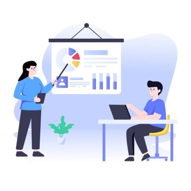 İş adamları dizüstü bilgisayar ve grafik vektör çizimi tasarımı ile birlikte çalışıyor