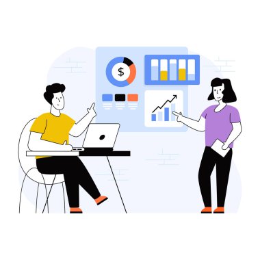 İş adamları dizüstü bilgisayar ve vektör illüstrasyonuyla birlikte çalışıyor