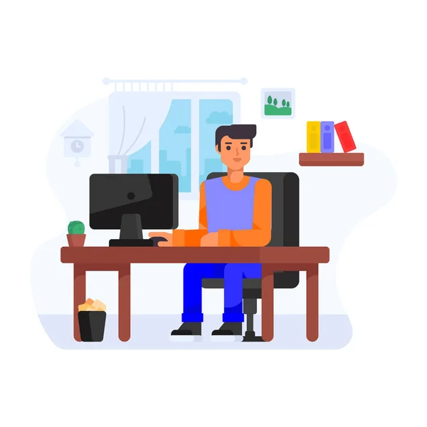 Mann Sitzt Schreibtisch Und Arbeitet Mit Laptop Vektorillustration — Stockvektor