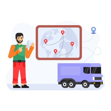 Akıllı telefonu ve haritası olan beyaz arka planda arabası olan bir adam.