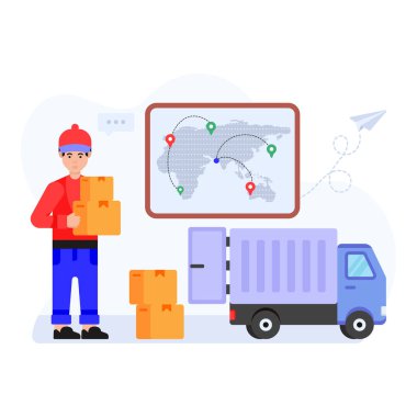Kutuları ve paketleri olan teslimatçı, vektör illüstrasyonu