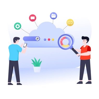 Büyüteç ve arama çubuğu çizimi olan genç bir adam.