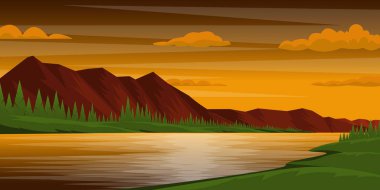 Dağlarda gölü olan güzel bir manzara, vektör illüstrasyonu 