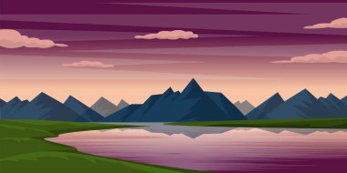 Göl ve dağlarla dolu güzel manzaranın çizimi