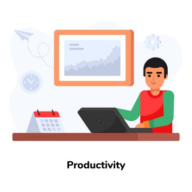 Adam arka plan vektör illüstrasyonunda dizüstü bilgisayar ve bilgisayarla çalışıyor