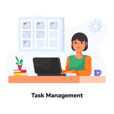 Dizüstü bilgisayarla çalışan kadın, vektör illüstrasyonu