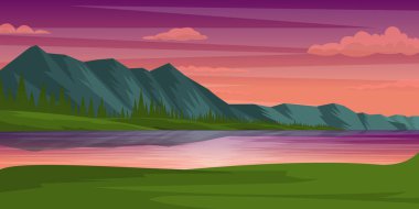 Dağlarla, nehirlerle ve ormanlarla gün batımı manzarası